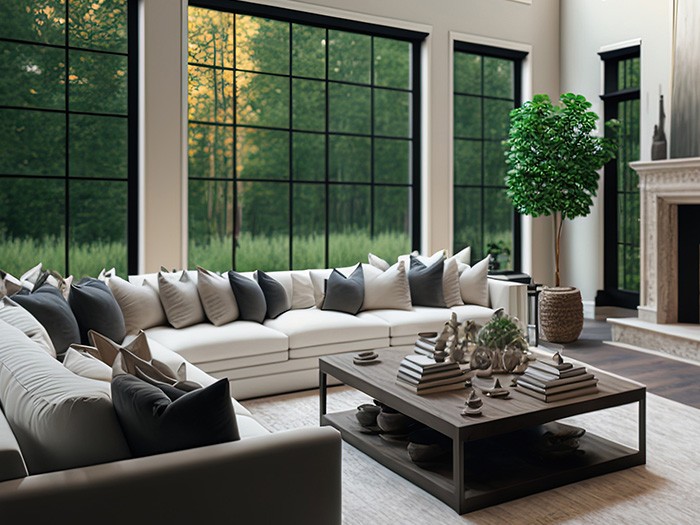 Large living room area with L-shaped sectional and gorgeous large windows overlooking the greenery outside. 